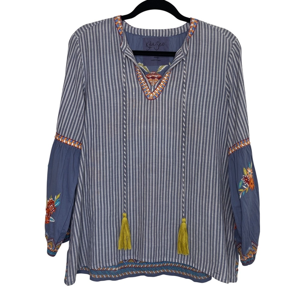 Kyla Seo Embroidered Boho Blouse Blue Striped Floral Tassel Peasant Top Sz S